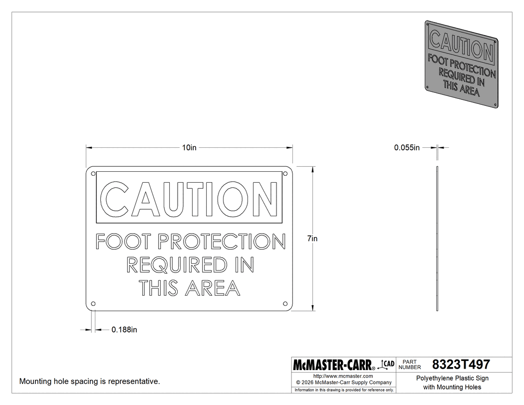 Technical Drawing of Polyethylene Plastic Sign with Mounting Holes, (Caution-Foot Protection. . .), 7" High, 10" Wide.